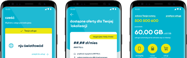 Widoki aplikacji nju: usługi, oferta i dostępny internet. Grafika poglądowa operatora.